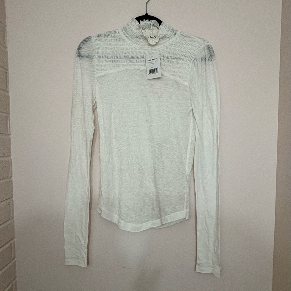 Free People Cream Fitted Cuffed Sleeve Blouse